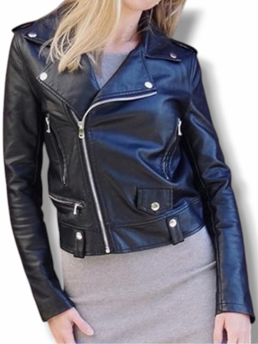 Amazon Women’s Black Faux Leather Moto Jacket in the Size Large (approximately)